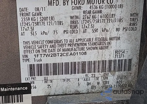 2012 Ford F-250 Xlt z USA, uszkodzony, nr VIN 1FT7W2BT2CEA01108